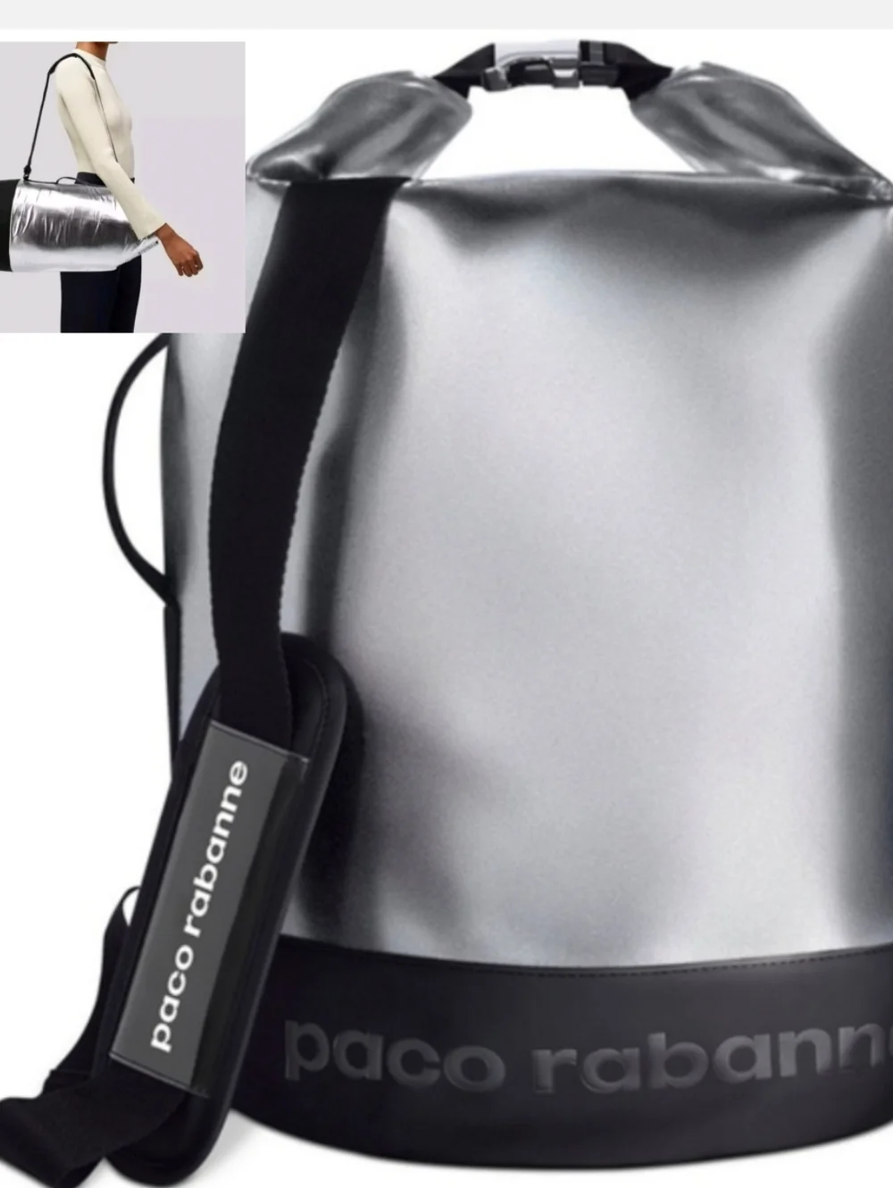 Paco Rabanne Metallic Silver Roll-Top Shoulder Duffle Bag with Black Accents